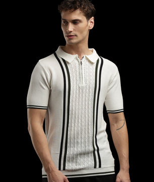 Men’s Ivory Contrast-Stripe Textured Knit Zip Polo T-Shirt