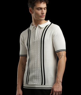 Men’s Ivory Contrast-Stripe Textured Knit Zip Polo T-Shirt