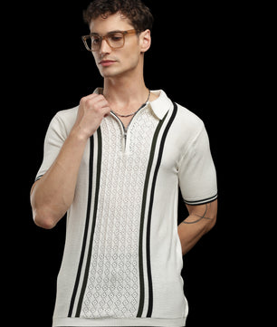 Men’s Ivory Contrast-Stripe Textured Knit Zip Polo T-Shirt