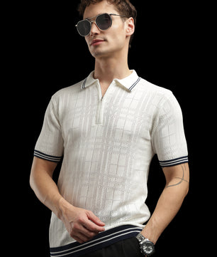 Men’s Ivory Textured Check-Knit Zip Polo T-Shirt