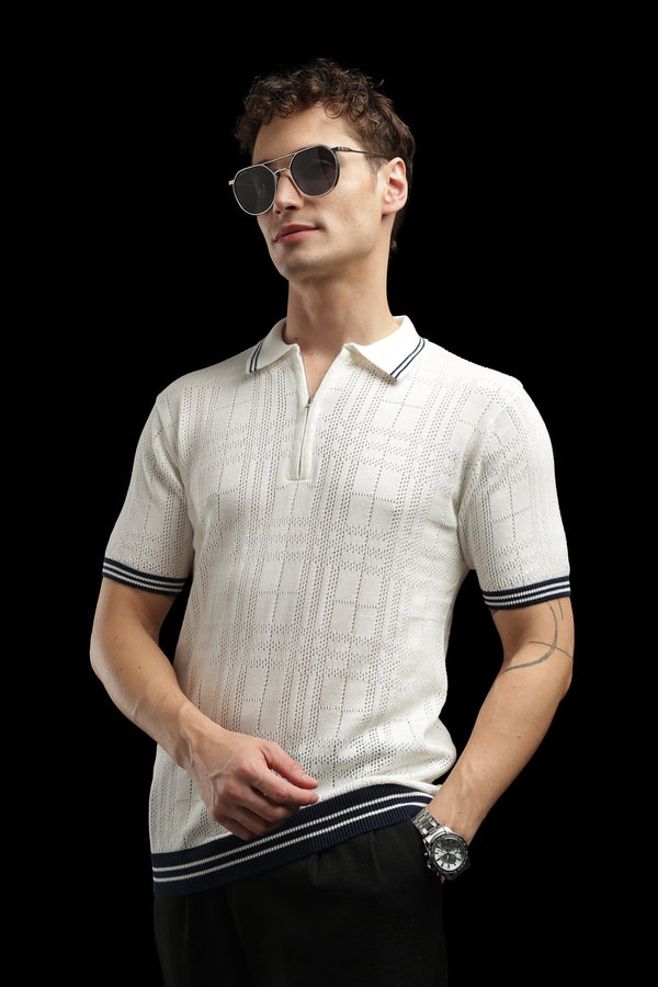 Men’s Ivory Textured Check-Knit Zip Polo T-Shirt