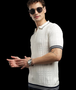 Men’s Ivory Textured Check-Knit Zip Polo T-Shirt