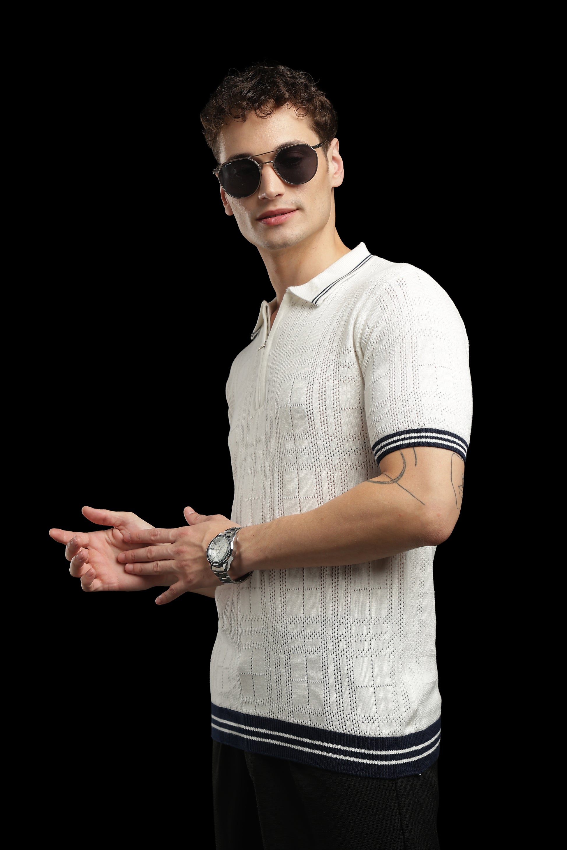 Men’s Ivory Textured Check-Knit Zip Polo T-Shirt