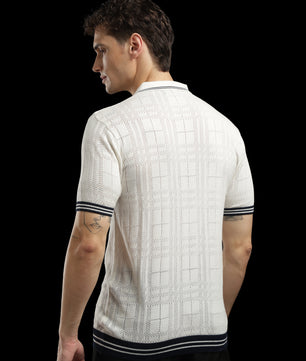 Men’s Ivory Textured Check-Knit Zip Polo T-Shirt