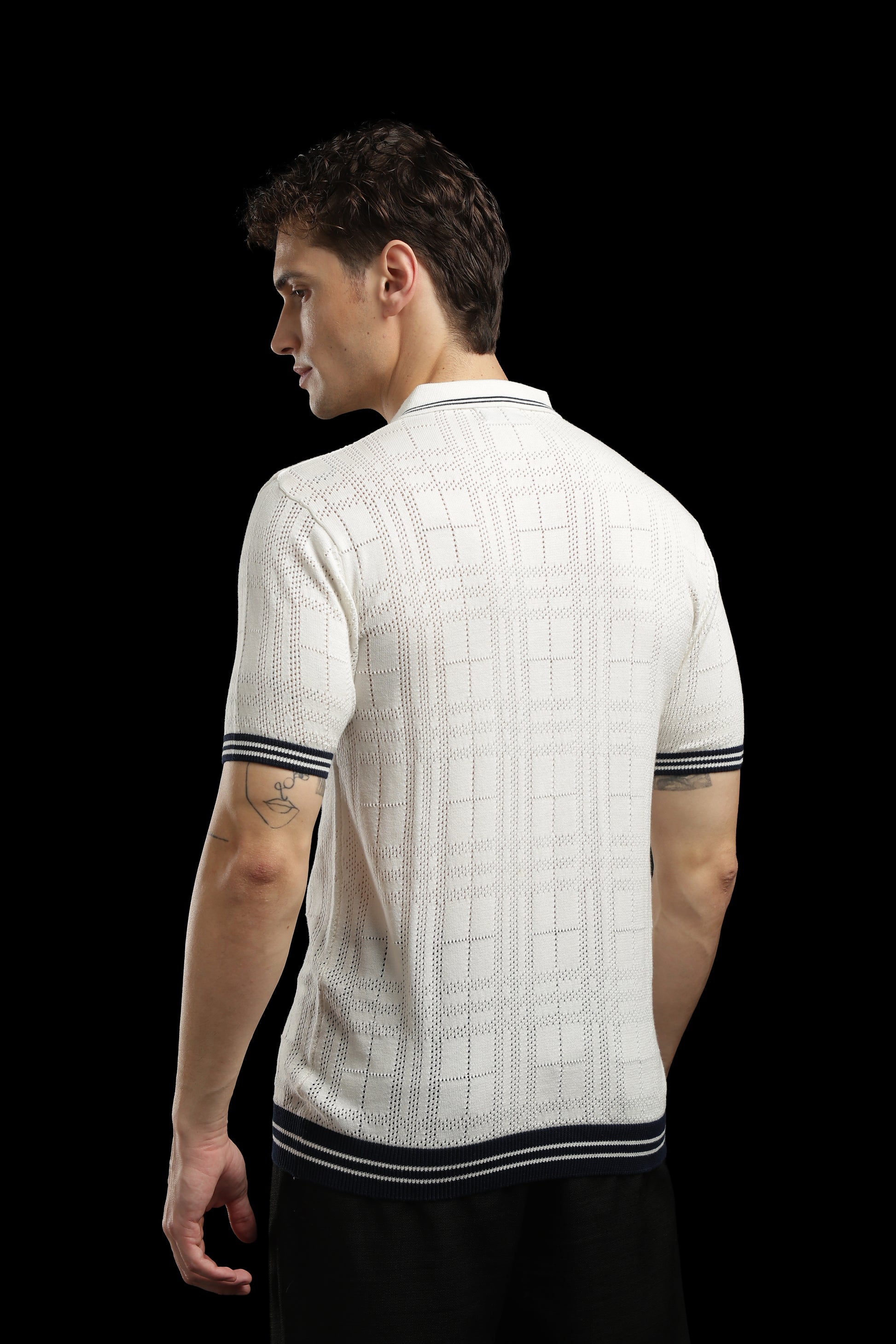 Men’s Ivory Textured Check-Knit Zip Polo T-Shirt