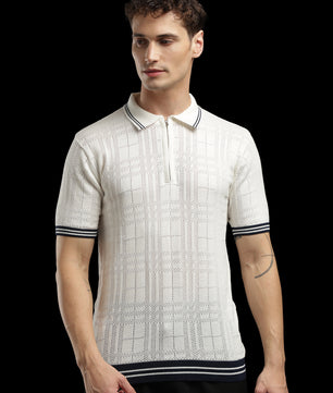 Men’s Ivory Textured Check-Knit Zip Polo T-Shirt