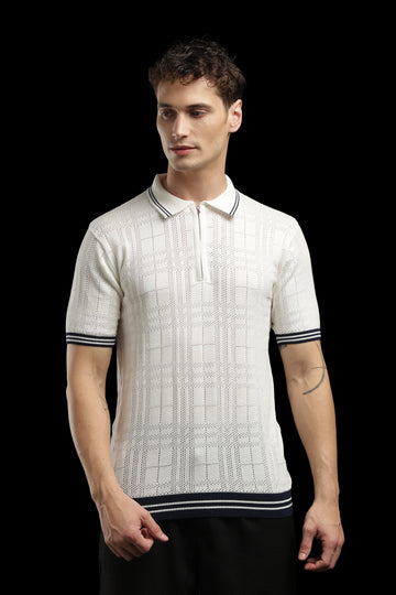 Men’s Ivory Textured Check-Knit Zip Polo T-Shirt