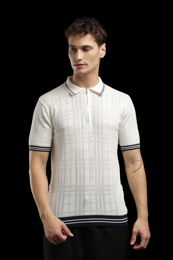 Men’s Ivory Textured Check-Knit Zip Polo T-Shirt
