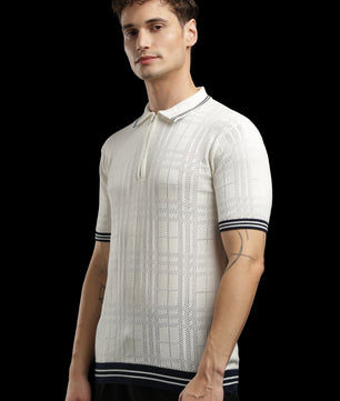 Men’s Ivory Textured Check-Knit Zip Polo T-Shirt
