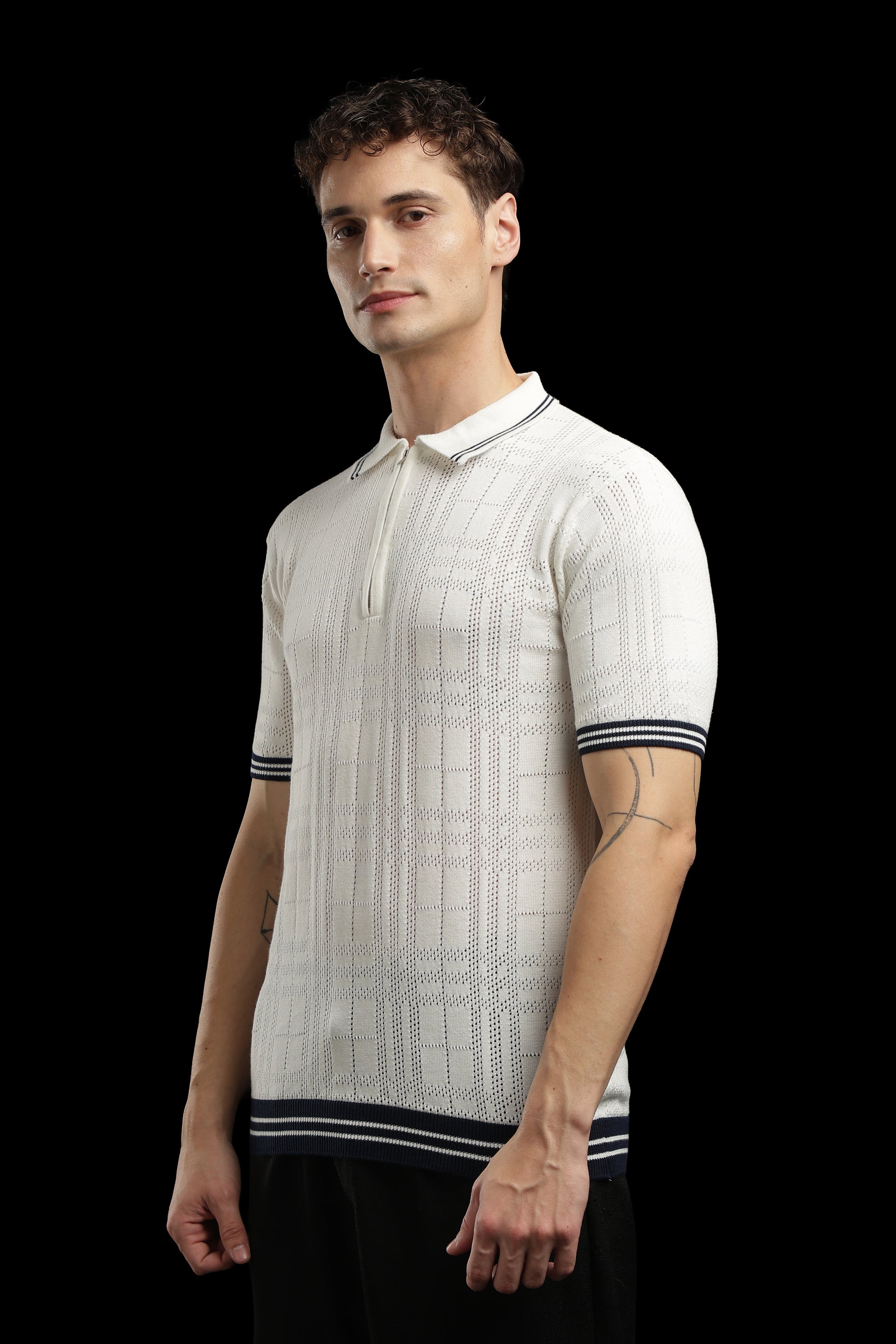 Men’s Ivory Textured Check-Knit Zip Polo T-Shirt