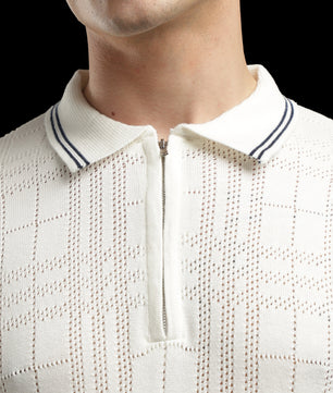 Men’s Ivory Textured Check-Knit Zip Polo T-Shirt