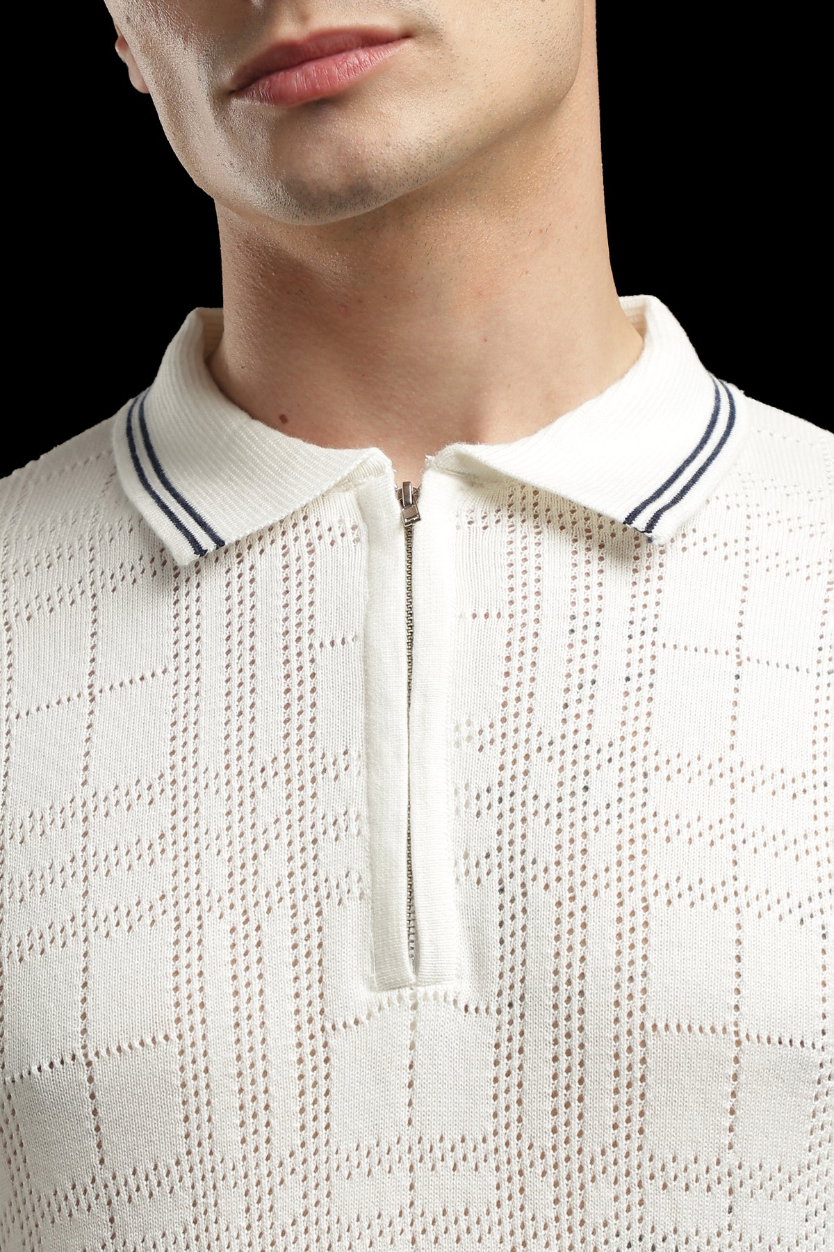 Men’s Ivory Textured Check-Knit Zip Polo T-Shirt