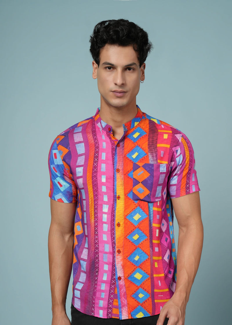 Men’s multicolour rayon geometric printed shirt from Outlaws Fashion, showcasing bold summer style with vibrant patterns.