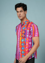 Men’s multicolour rayon geometric printed shirt by Outlaws Fashion featuring bold summer style and vibrant geometric patterns.