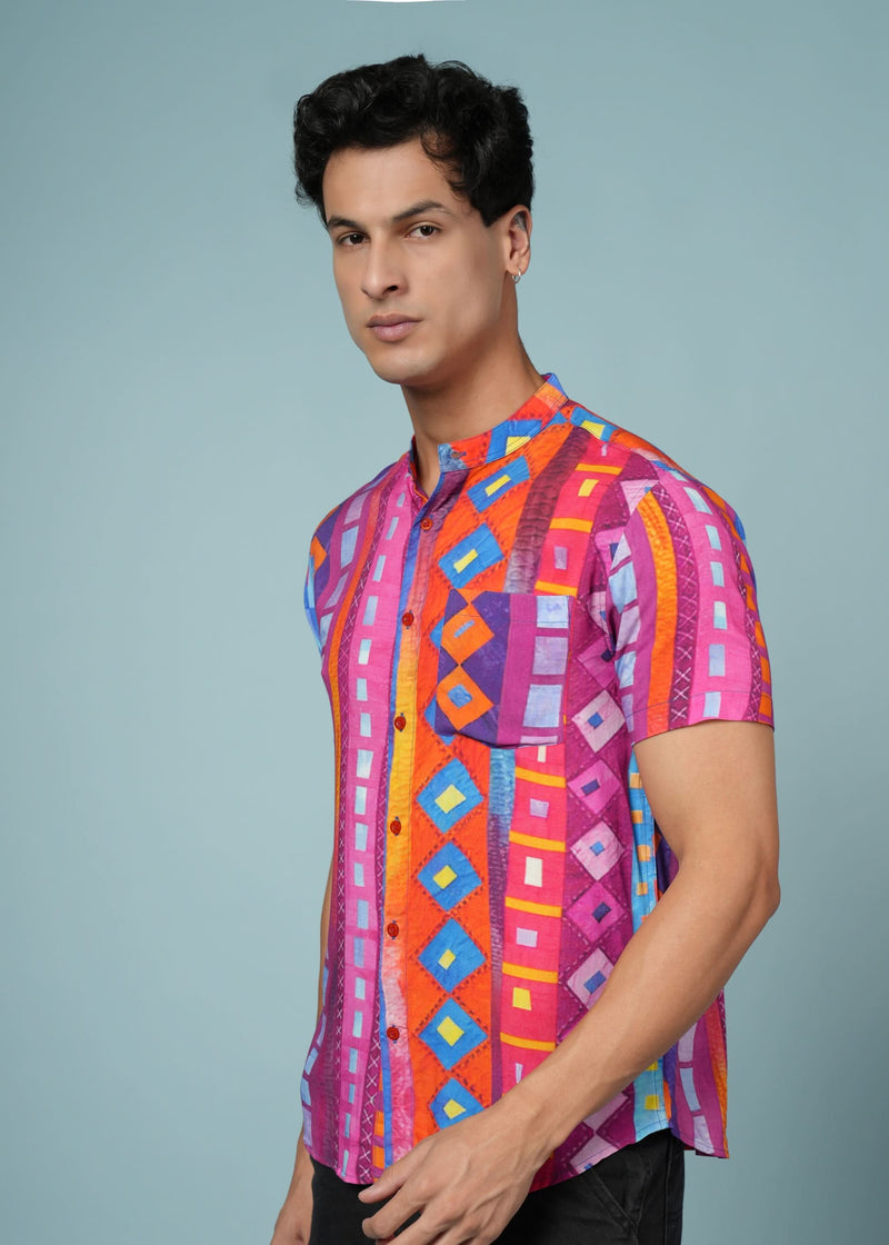 Men’s multicolour rayon geometric printed shirt by Outlaws Fashion featuring bold summer style and vibrant geometric patterns.