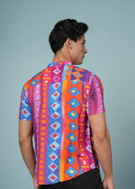 Men’s multicolour rayon geometric printed shirt by Outlaws Fashion, featuring bold summer style and vibrant design.
