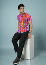 Men’s multicolour rayon geometric printed shirt with bold summer style from Outlaws Fashion, featuring vibrant patterns and a casual fit.