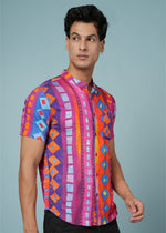 Men’s multicolour rayon geometric printed shirt by Outlaws Fashion, featuring bold summer style and vibrant pattern details.
