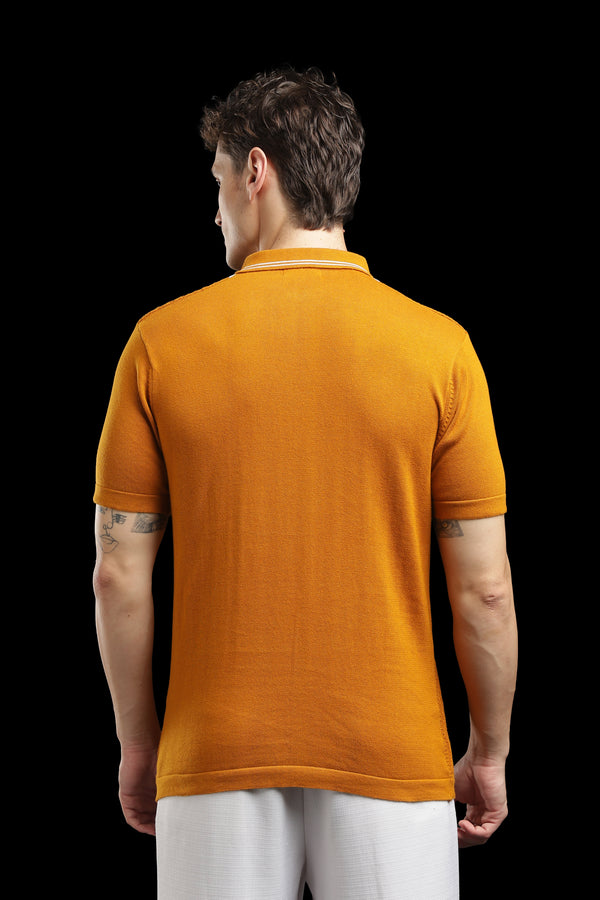 Men’s Mustard Orange Cable-Knit Zip Polo T-Shirt