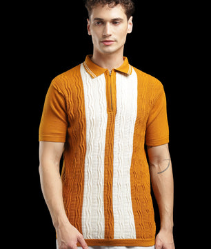 Men’s Mustard Orange Cable-Knit Zip Polo T-Shirt