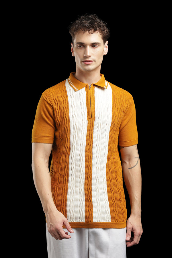 Men’s Mustard Orange Cable-Knit Zip Polo T-Shirt