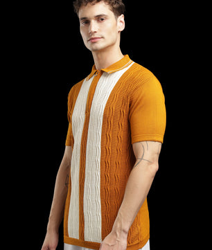 Men’s Mustard Orange Cable-Knit Zip Polo T-Shirt