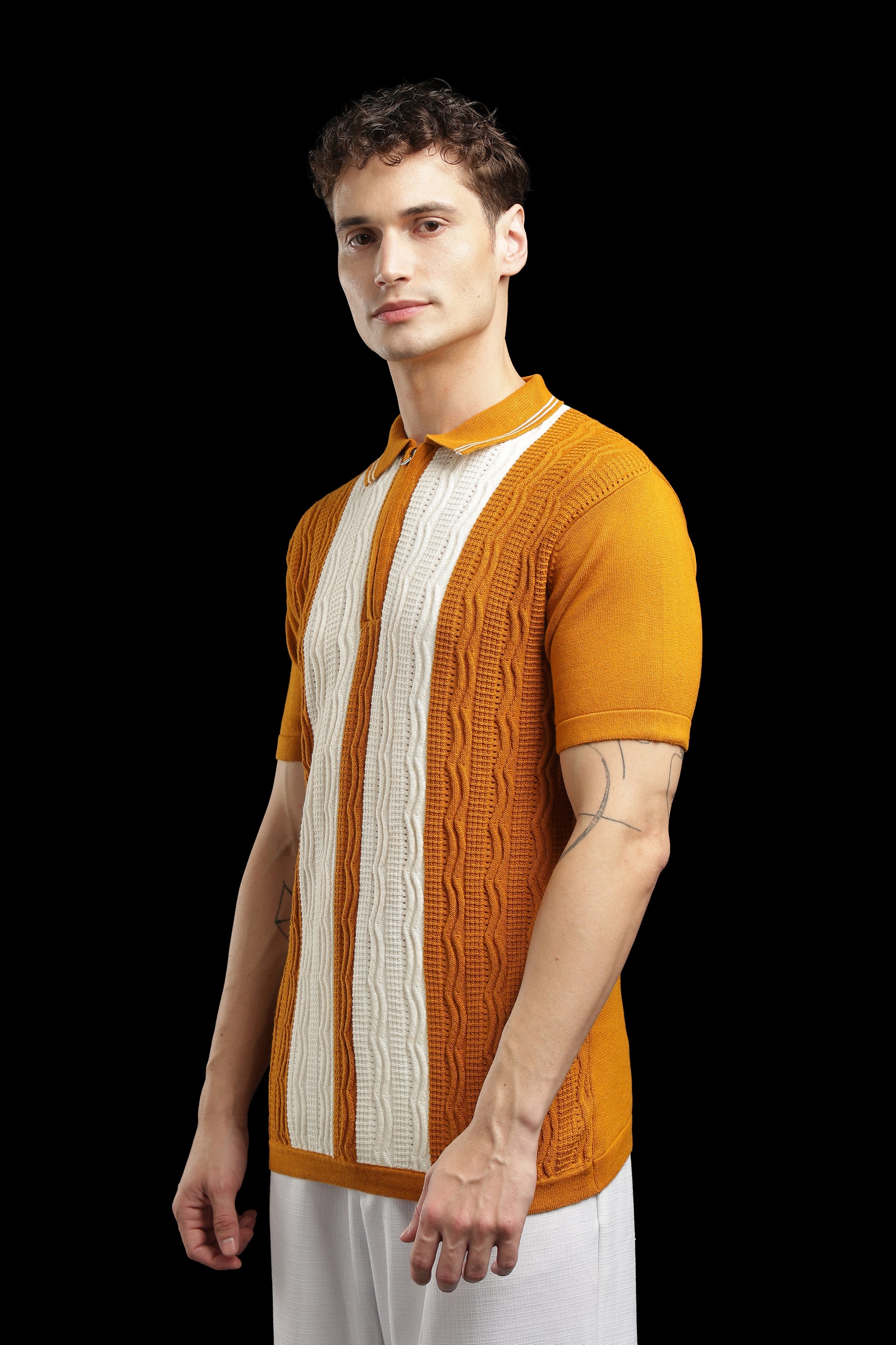 Men’s Mustard Orange Cable-Knit Zip Polo T-Shirt