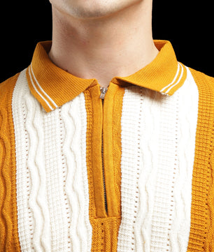 Men’s Mustard Orange Cable-Knit Zip Polo T-Shirt