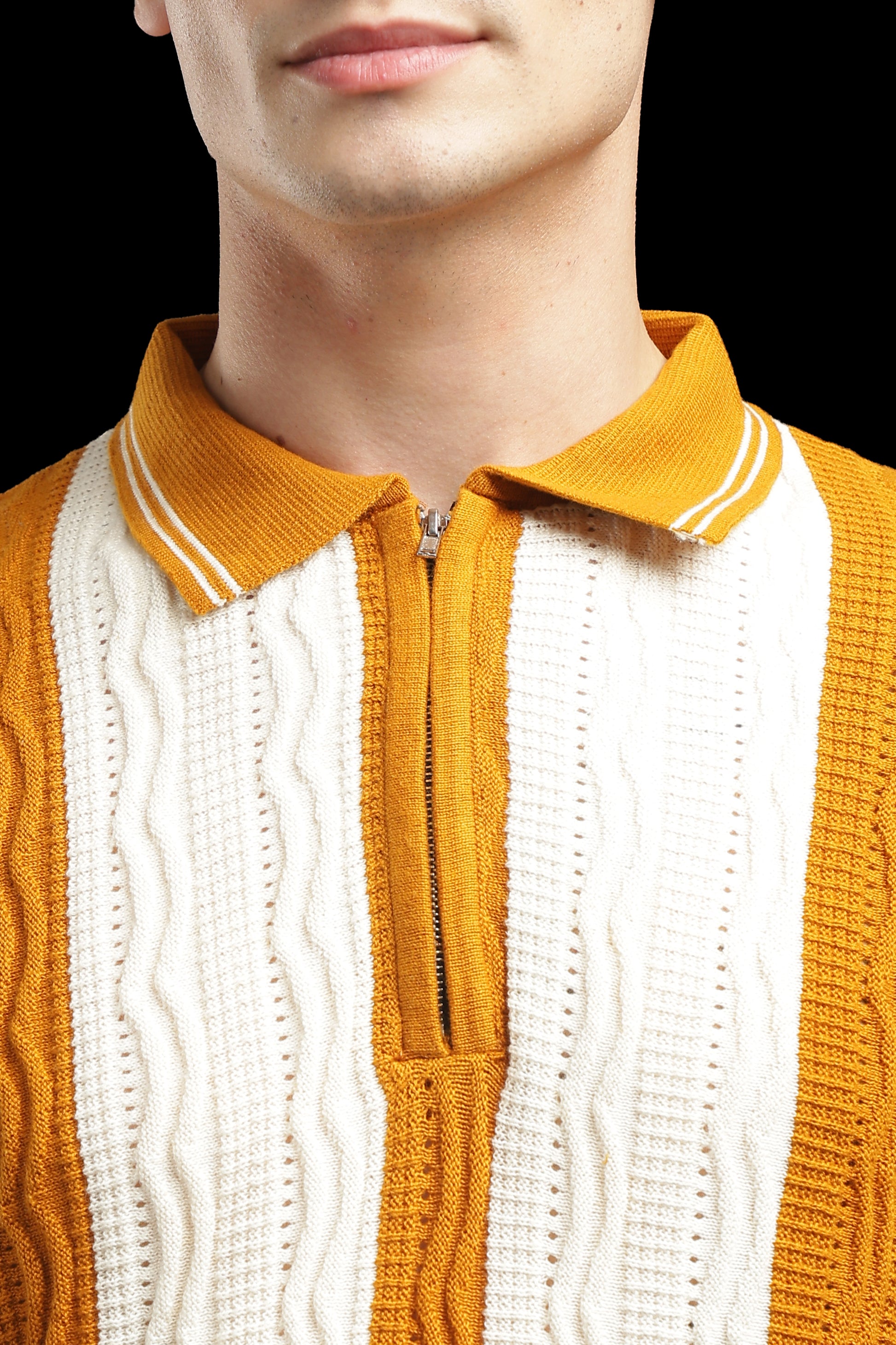 Men’s Mustard Orange Cable-Knit Zip Polo T-Shirt