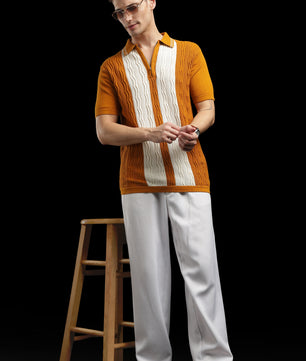 Men’s Mustard Orange Cable-Knit Zip Polo T-Shirt