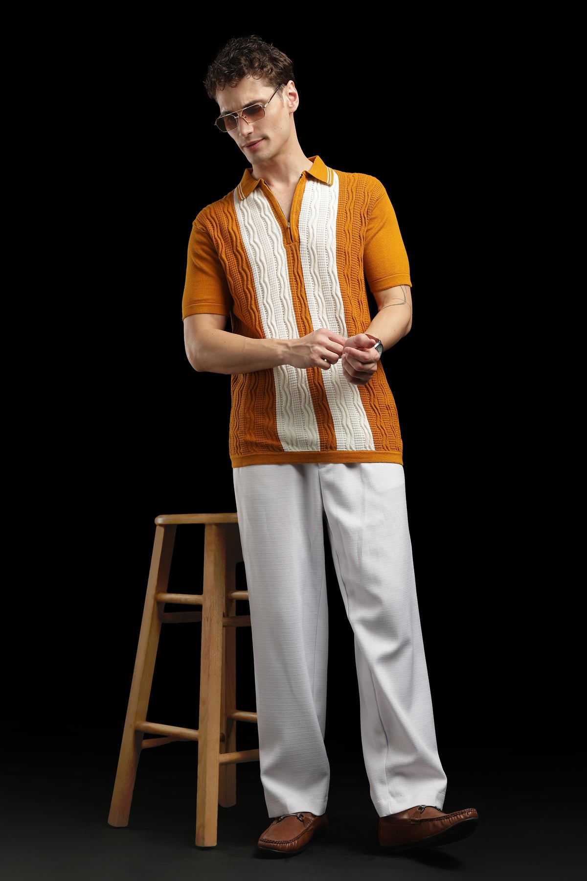 Men’s Mustard Orange Cable-Knit Zip Polo T-Shirt
