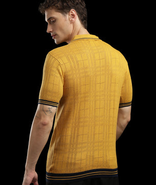 Men’s Mustard Yellow Textured Check Knit Zip Polo T-Shirt
