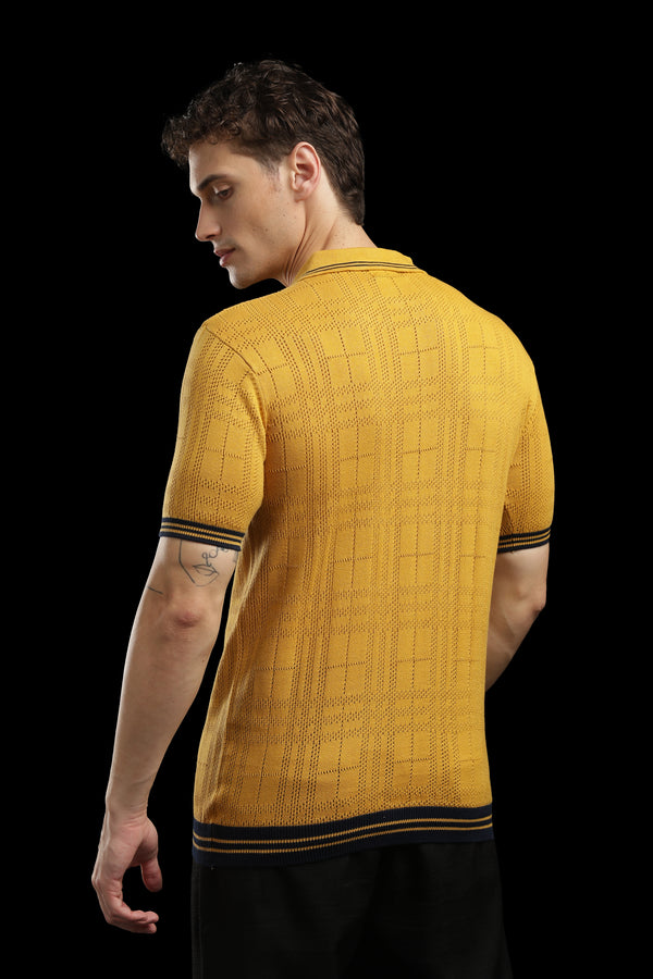 Men’s Mustard Yellow Textured Check Knit Zip Polo T-Shirt