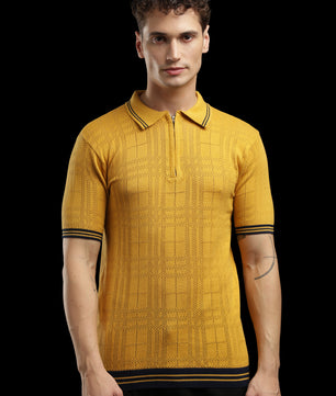 Men’s Mustard Yellow Textured Check Knit Zip Polo T-Shirt