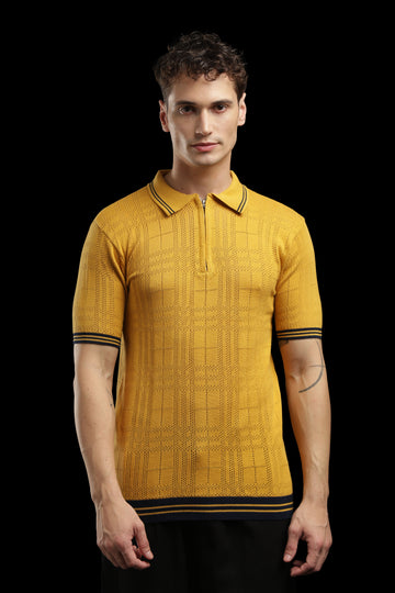 Men’s Mustard Yellow Textured Check Knit Zip Polo T-Shirt