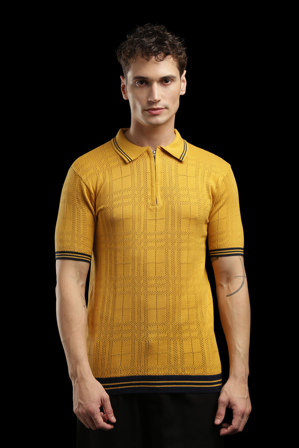 Men’s Mustard Yellow Textured Check Knit Zip Polo T-Shirt