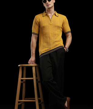 Men’s Mustard Yellow Textured Check Knit Zip Polo T-Shirt