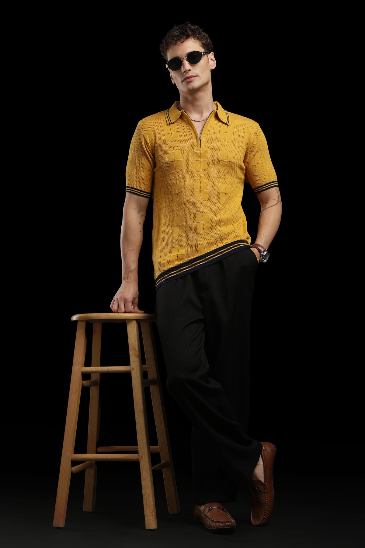 Men’s Mustard Yellow Textured Check Knit Zip Polo T-Shirt