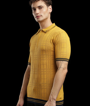 Men’s Mustard Yellow Textured Check Knit Zip Polo T-Shirt