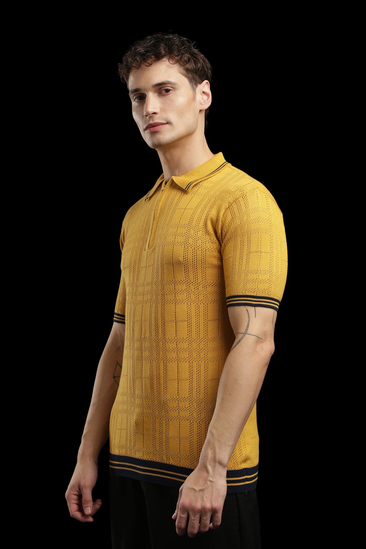 Men’s Mustard Yellow Textured Check Knit Zip Polo T-Shirt