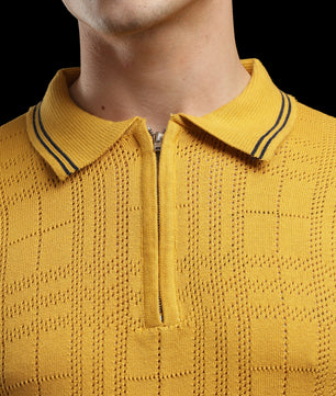 Men’s Mustard Yellow Textured Check Knit Zip Polo T-Shirt