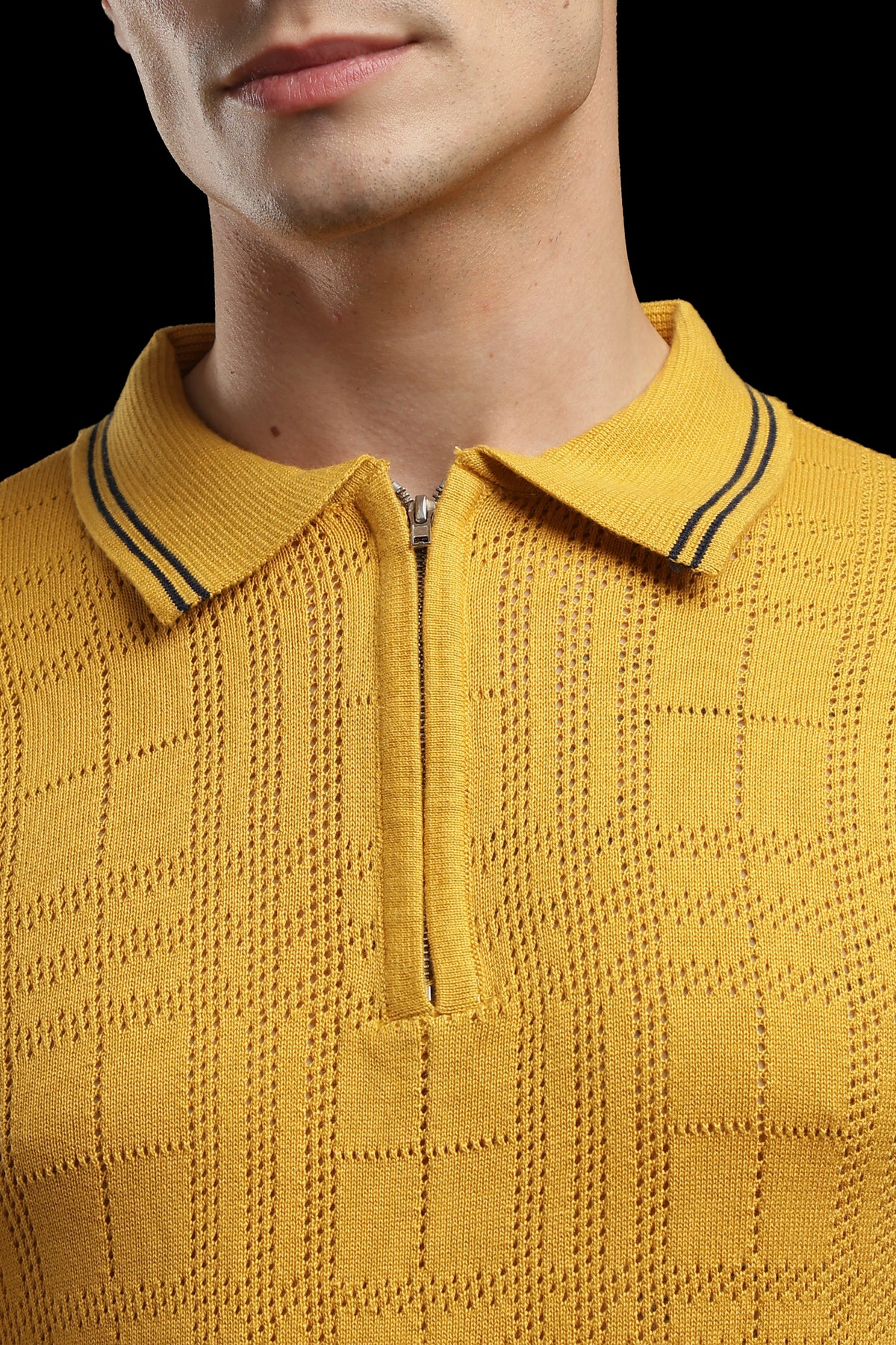 Men’s Mustard Yellow Textured Check Knit Zip Polo T-Shirt