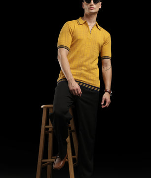 Men’s Mustard Yellow Textured Check Knit Zip Polo T-Shirt