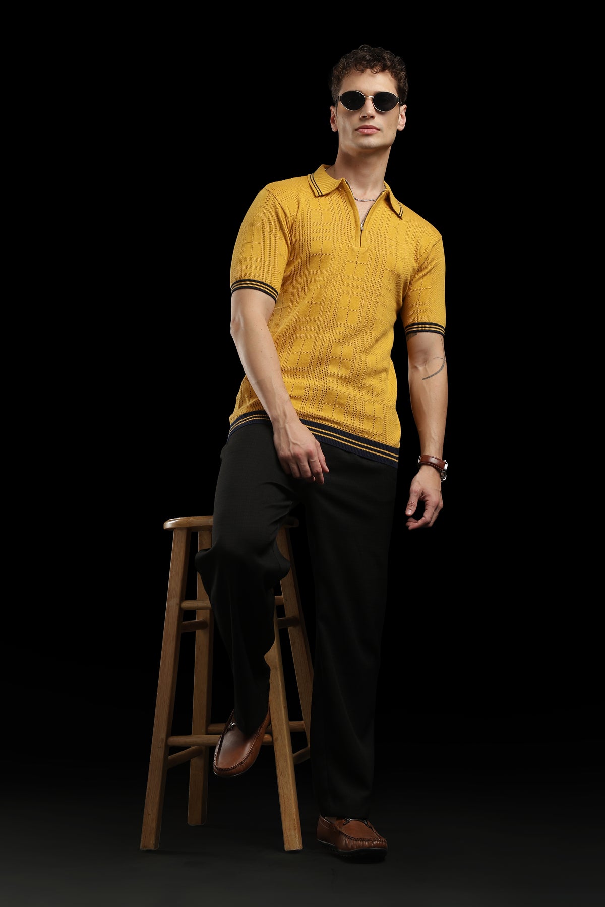 Men’s Mustard Yellow Textured Check Knit Zip Polo T-Shirt