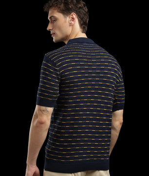 Men’s Navy Textured Knit Polo T-Shirt with Mustard Stripes
