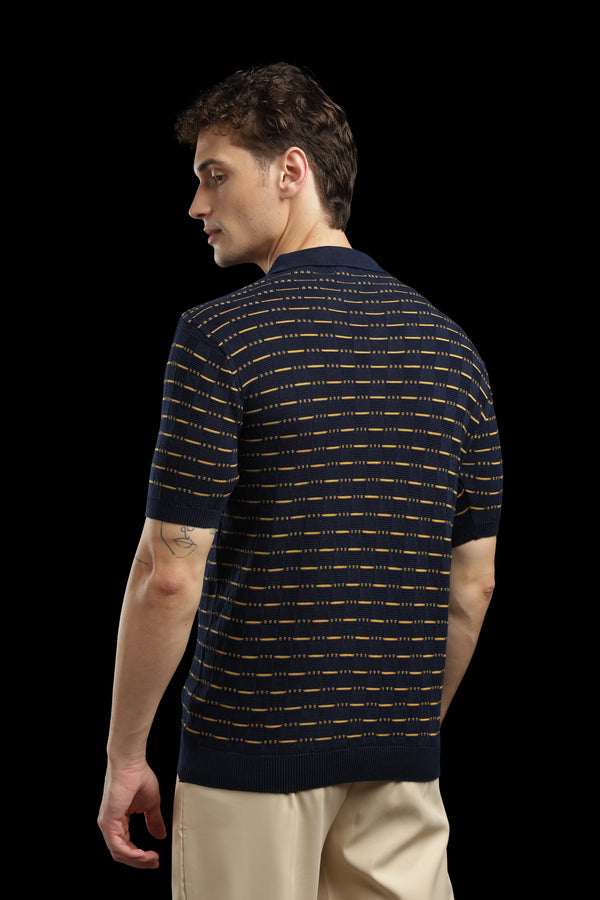 Men’s Navy Textured Knit Polo T-Shirt with Mustard Stripes