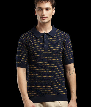 Men’s Navy Textured Knit Polo T-Shirt with Mustard Stripes