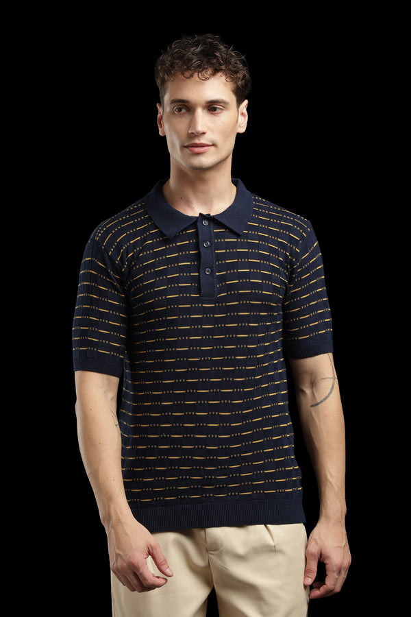Men’s Navy Textured Knit Polo T-Shirt with Mustard Stripes