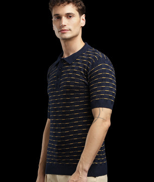 Men’s Navy Textured Knit Polo T-Shirt with Mustard Stripes