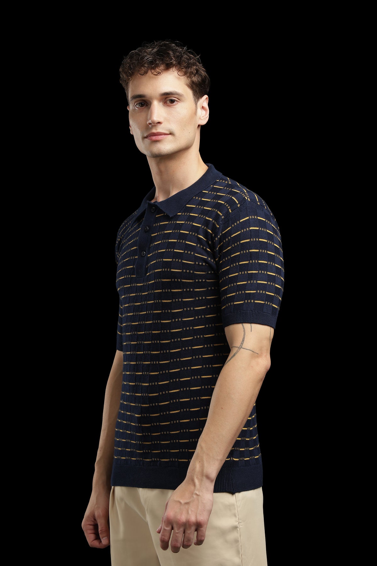 Men’s Navy Textured Knit Polo T-Shirt with Mustard Stripes
